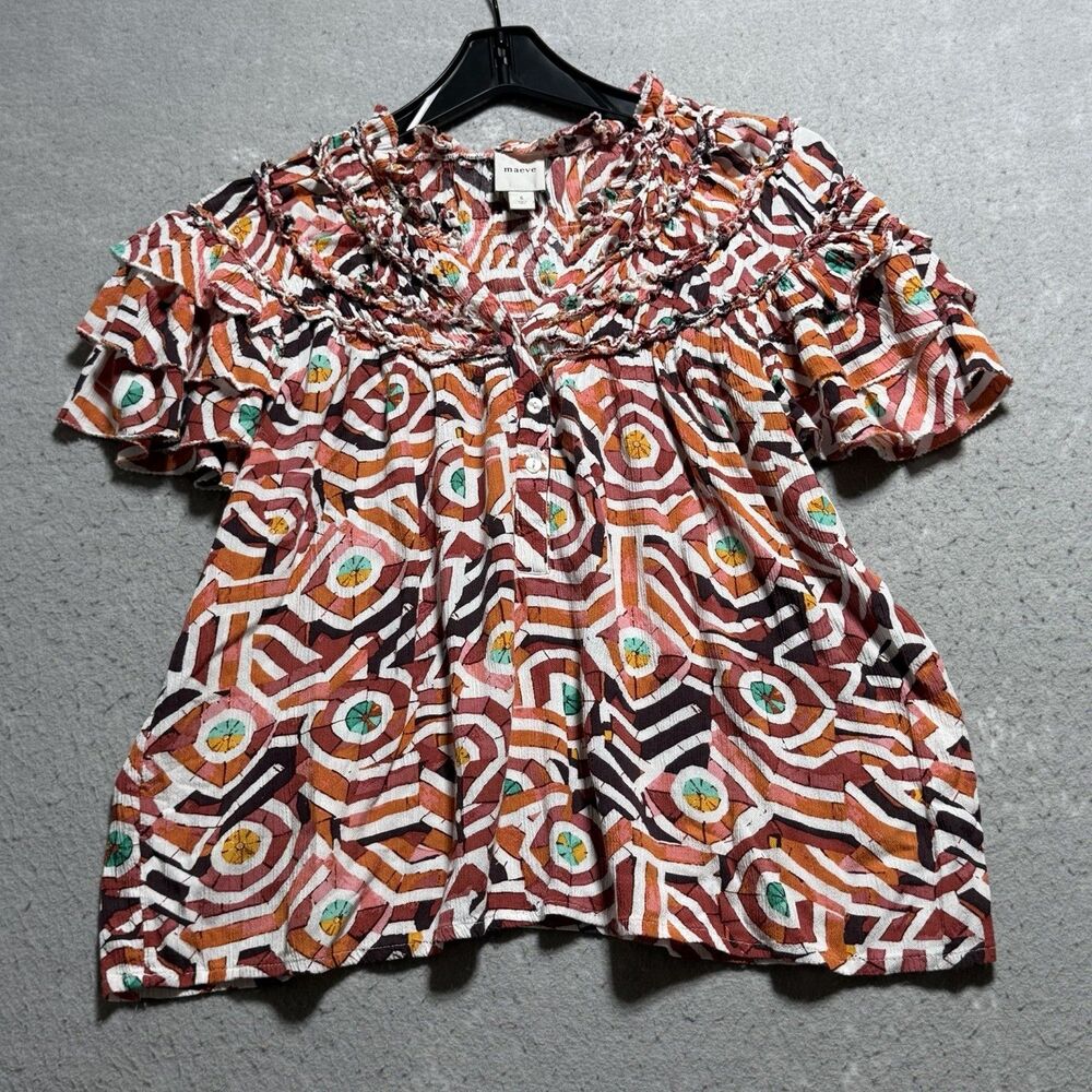 Maeve Short Sleeve Ruffle Yoke Blouse Women’s Small Geometric Orange Flowy Boho